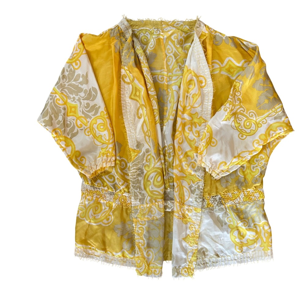 Silk Yellow Damask Smocked Waist Kimono Jacket Open Front Frayed Edge Boho L/XL